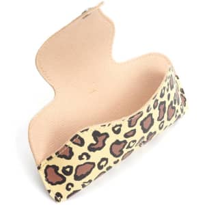 A leopard print portable glasses pouch with a carabiner, featuring a tan interior and soft texture.