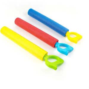 Three colourful EVA water blasters in blue, red, and yellow, each featuring a scoop handle.