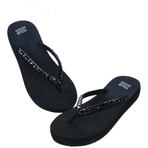 A pair of black Slim Rock flip flops featuring decorative straps and a logo on the footbed.