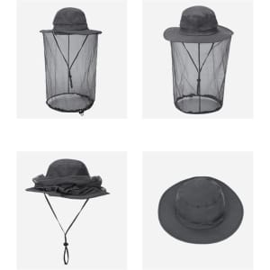 A grey fisherman hat with a detachable mesh mask, featuring a wide brim and adjustable chin strap.