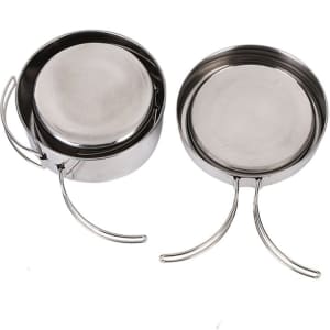 Stainless steel folding camping pots in silver, showcasing their compact design with handles for easy transport.