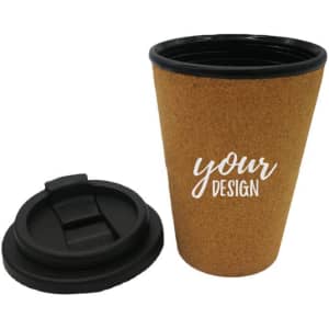 A reusable coffee cup with a cork cover and black lid, featuring a customizable design area.