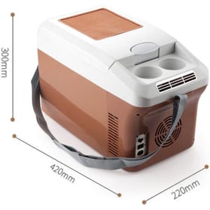 A brown and white 15L mini portable car refrigerator with a shoulder strap and drink holders on top.