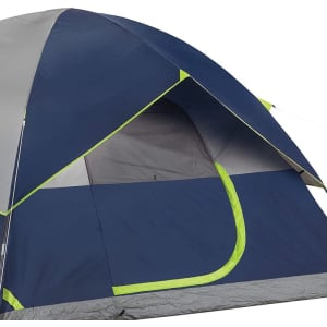 A two-person camping dome tent in navy blue and grey with bright green accents and a mesh window.