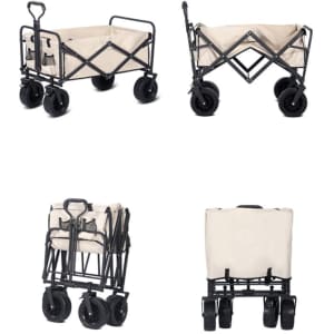 A collapsible camping trolley in black and cream, featuring a sturdy frame and four wheels for easy transport.