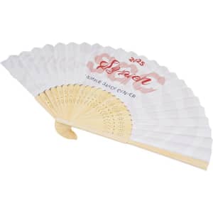 A custom printed fan featuring a white design with a wooden handle. It includes a logo and decorative elements.