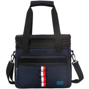 A navy blue 20L double-layer insulation cooler bag with black straps and a front pocket featuring red and white stripes.