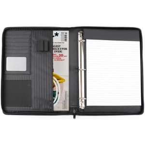 A black zippered binder padfolio with a notebook, card slots, and a clear pocket for documents.