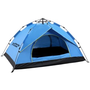 A blue and black two-person fully automatic camping tent with an open entrance and a logo on it.
