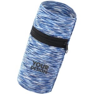 A blue and white patterned sports zipper wrist pouch with a zip closure and a logo.