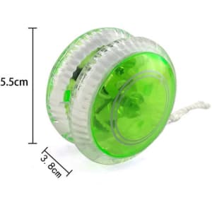 A green custom light up yo-yo with a transparent casing, featuring a string for spinning and tricks.