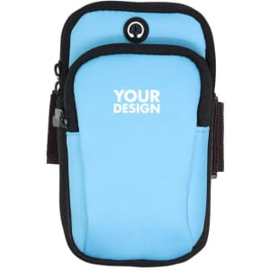 A blue neoprene sports arm bag featuring a black trim and a logo area for custom design.