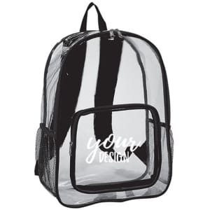 A clear heavy-duty school bag with black detailing, featuring a front pocket and mesh side pockets.