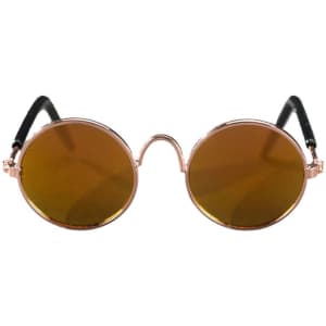 A pair of round, bronze sunglasses with a rose gold frame and black arms. Features a logo on the temple.