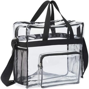 A clear tote bag with black straps, featuring a main compartment and a smaller zippered pocket.