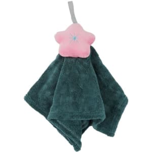A soft, teal hand towel with a pink star-shaped topper and a hanging loop. The towel has a decorative stitching design.