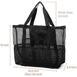 A large black mesh beach tote bag with double handles and dimensions displayed for length, height, and strap drop.