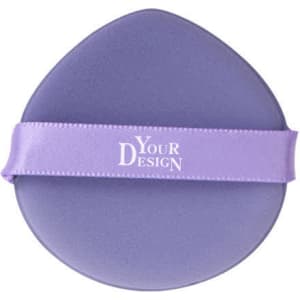 A purple double-sided air cushion puff with a lavender ribbon strap and a logo.
