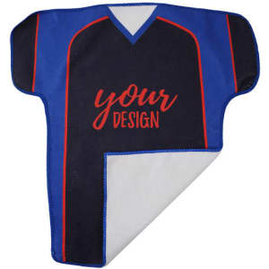 A half sleeve jersey-shaped rally towel in navy blue and red with a logo or branding.