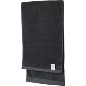 A black 100% cotton sports towel with a grey trim, featuring a small logo. Suitable for gym or outdoor activities.