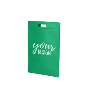 A green non-woven die cut bag with a handle and space for a custom design. It features a logo.