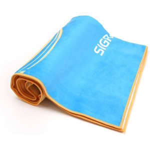 A blue poly-cotton beach towel with an orange trim and a logo. Rolled up and ready for use.