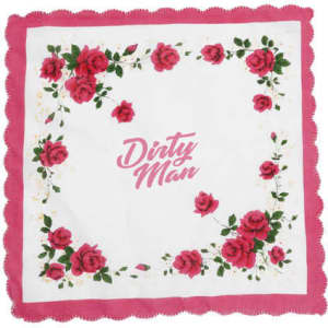 A vintage floral print cotton handkerchief featuring pink roses on a white background with scalloped edges.