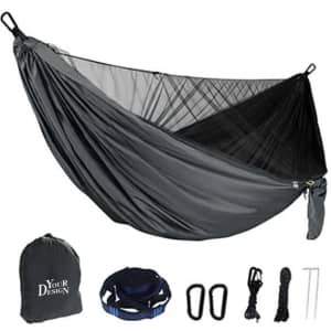 A grey camping hammock with a mosquito net, featuring straps, carabiners, rope, and a carrying sack.