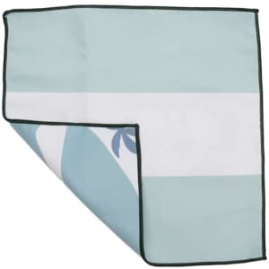 A small fleece towel in light blue with a white stripe and dark edging, featuring a subtle design.