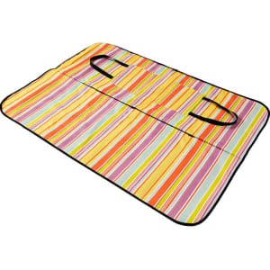 A colourful striped picnic blanket with handles, featuring vibrant shades of yellow, orange, and blue.