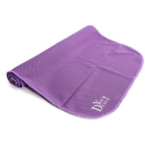 A purple microfiber quick dry towel rolled up, featuring a logo, designed for leisure and outdoor activities.