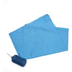 A blue portable sports towel with a silicone case, featuring a textured surface for grip.