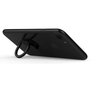 A black custom water droplet finger ring phone holder attached to a smartphone, positioned at an angle.