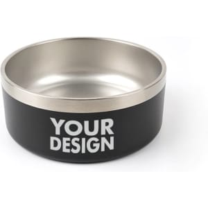 A double wall stainless steel pet bowl in black, featuring a smooth metallic inner lining and a logo on the exterior.