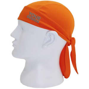 An orange quick-dry pirate hat with a tied back design, featuring a logo on the front.