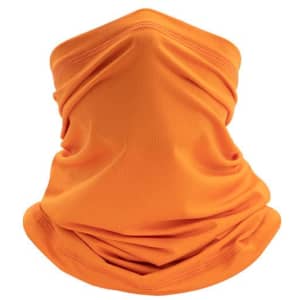 An orange Sunscreen Ice Silk Cycling Bandana with a soft, stretchy fabric. Features a logo on the product.