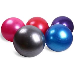 A set of five Pilates balls in pink, red, purple, blue, and silver, featuring a shiny finish and various sizes.
