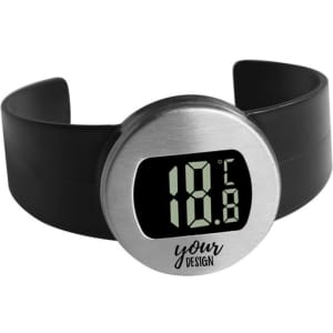 A digital wine thermometer with a black strap and silver display, featuring a digital temperature readout.