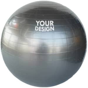 A 75cm black PVC Pilates ball with a textured surface and a logo featuring the words "YOUR DESIGN."
