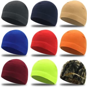 A collection of nine custom fleece caps in various colours: black, grey, blue, orange, red, yellow, and camo.