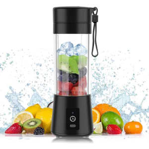A drink bottle featuring a transparent body with black accents, filled with assorted fruits and ice, plus a logo.