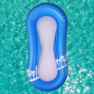 A blue printed pool lounger float with a mesh center and palm tree design, set against a water background.