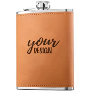 A drink bottle featuring a stainless steel flask with a tan leather outer and a metal top. It has a logo.