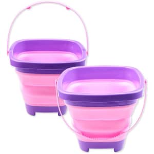 A foldable portable bucket in pink and purple, featuring a handle and a compact design. Includes a logo.