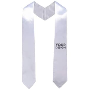 A white satin stole with a V-shaped neckline and space for custom designs, featuring a logo.