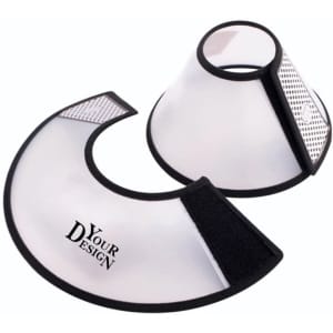 A large transparent pet recovery cone collar with black edges, featuring a textured area and a logo.