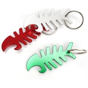 A drink bottle opener keychain featuring a red, green, and silver fishbone design, with a keyring attachment.