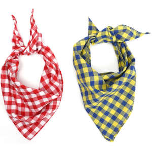 A red and white gingham triangular saliva towel and a blue and yellow checked one, both designed for pets.