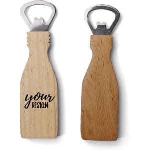 A drink bottle opener featuring a wooden handle in light brown, with a metallic opener and space for custom design.