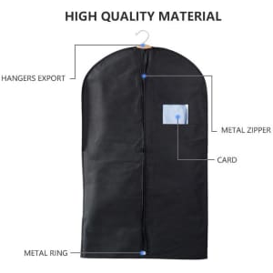 A black non-woven garment bag with a metal zipper, hanger, and a clear card pocket. Features a logo.